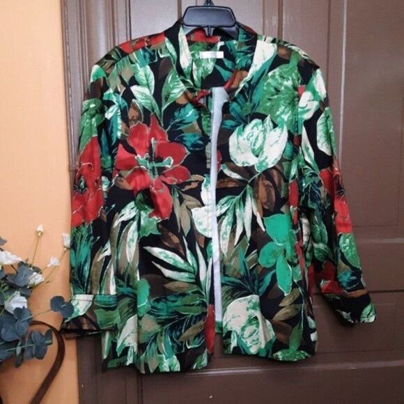 Vintage Erin London Women's 2X Tropical Flower Motif Cardigan Blazer - Picture 2 of 12